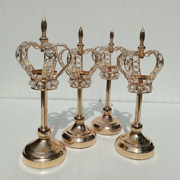 Golden Crown Candlesticks Crystal Candle Holders Tealights SET OF 4 Princess - Picture 6 of 16